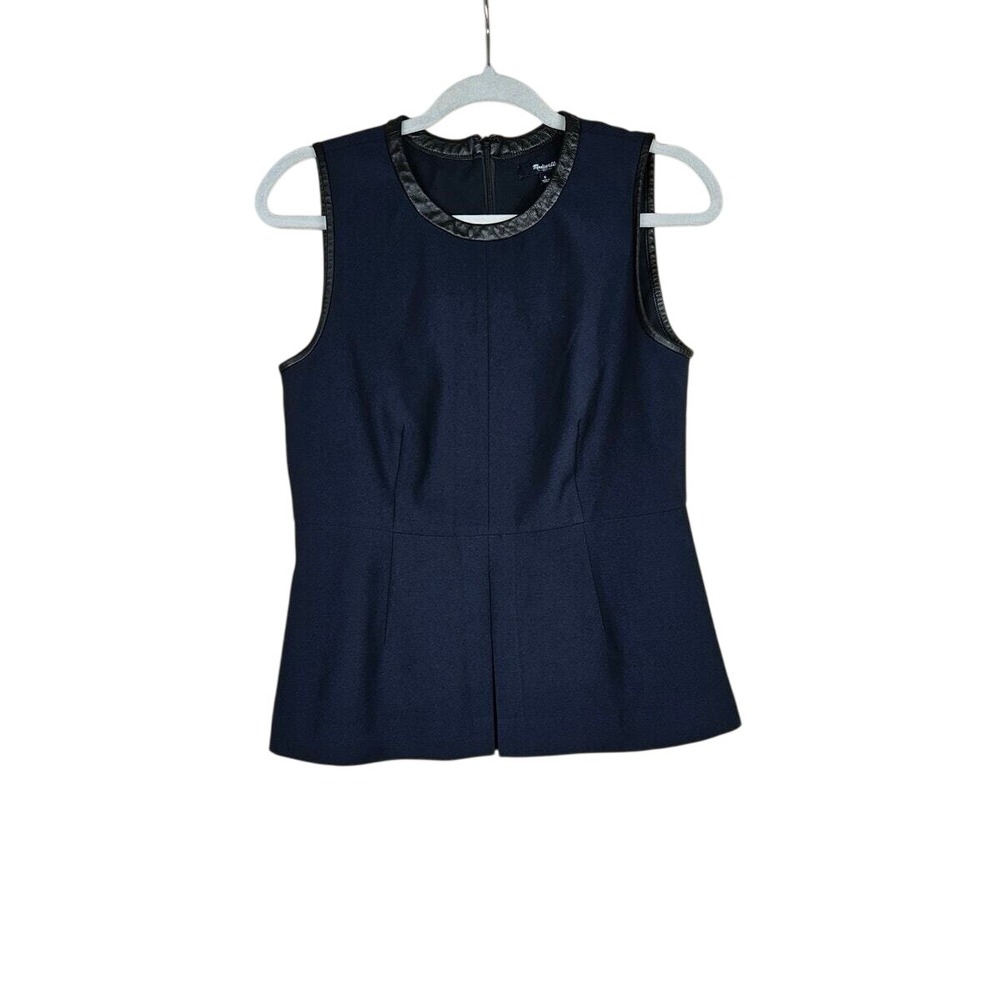 Madewell Sleeveless Navy Blue Peplum Top Leather Trim Women's Size 6